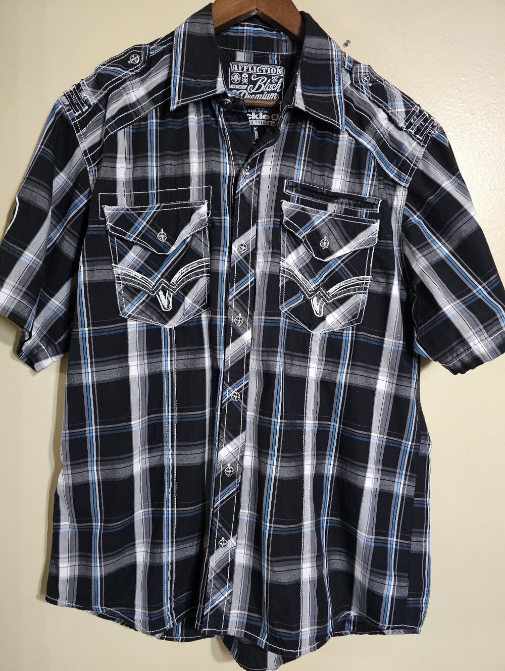 Affliction Black Premium Buckle Plaid Shirt Embroidered Biker Mens Large